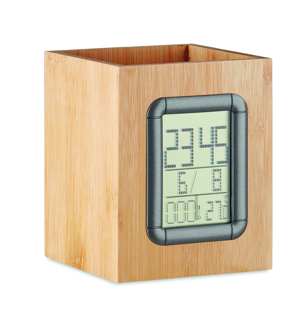 Portapenne in bambù e orologio lcd